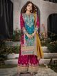 Glamorous Sky-Blue & Pink Embroidered Chinon Palazzo Suit With Dupatta
