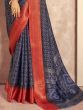Lovely Navy Blue Foil Printed Dola Silk Festival Wear Saree With Blouse