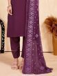 Delightful Wine Embroidered Rayon Traditional Pant Suit With Dupatta