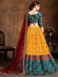 Teal Green -Yellow Embroidery Banarasi Silk Bridal Lehenga Choli With Maroon Dupatta