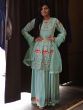 Beautiful Sea-Blue Thread Embroidered Short Anarkali Sharara Suit