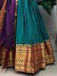 Stunning Teal Blue Zari Weaving Cotton Traditional Gown With Dupatta