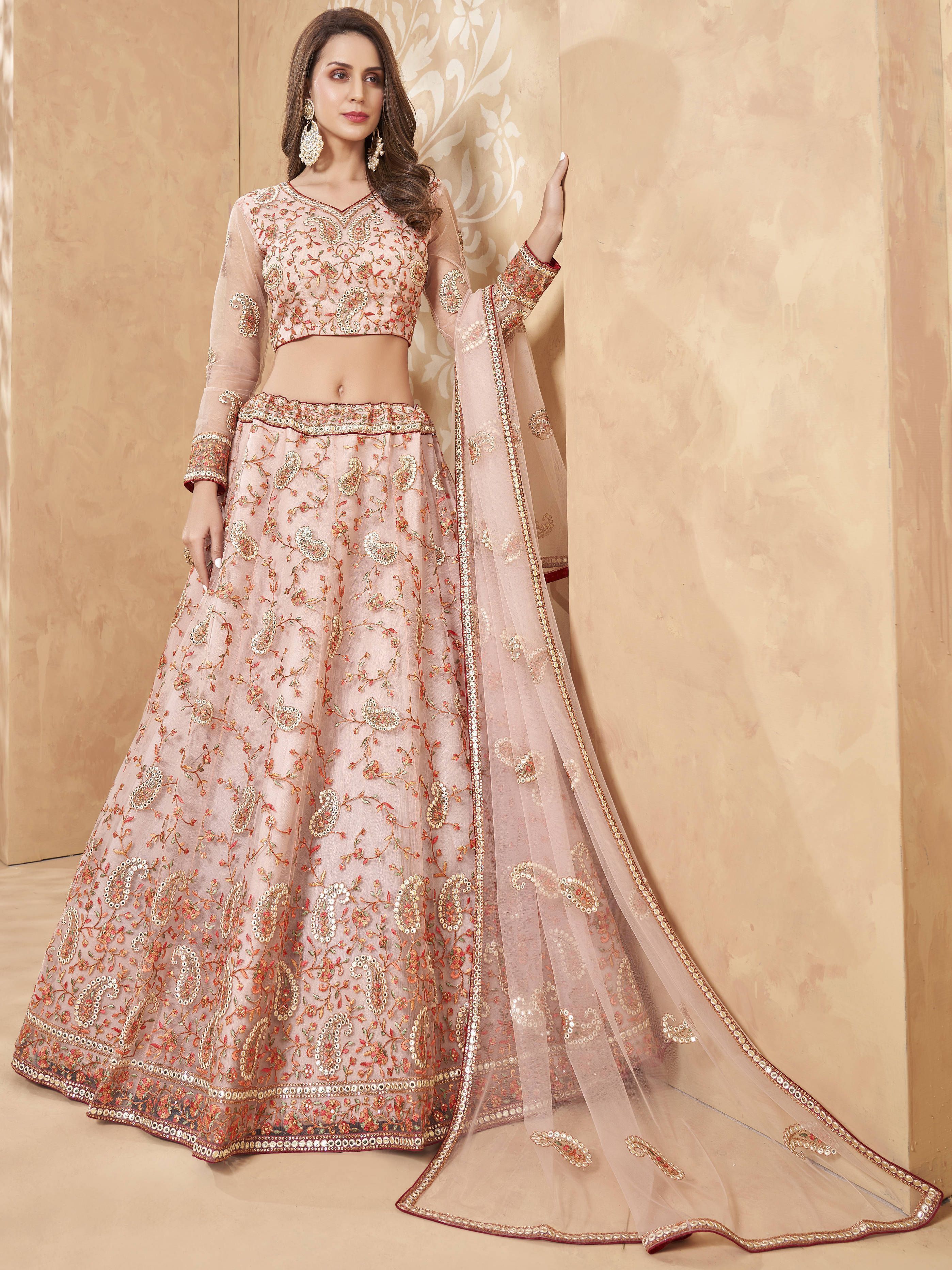 Charming Pink Thread Embroidery Net Reception wear Lehenga Choli