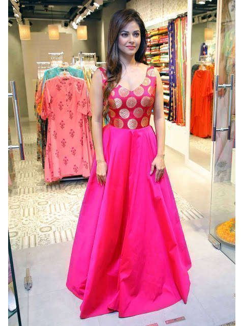 Hot Pink Jacquard Taffeta Silk Partywear Gown (Default)