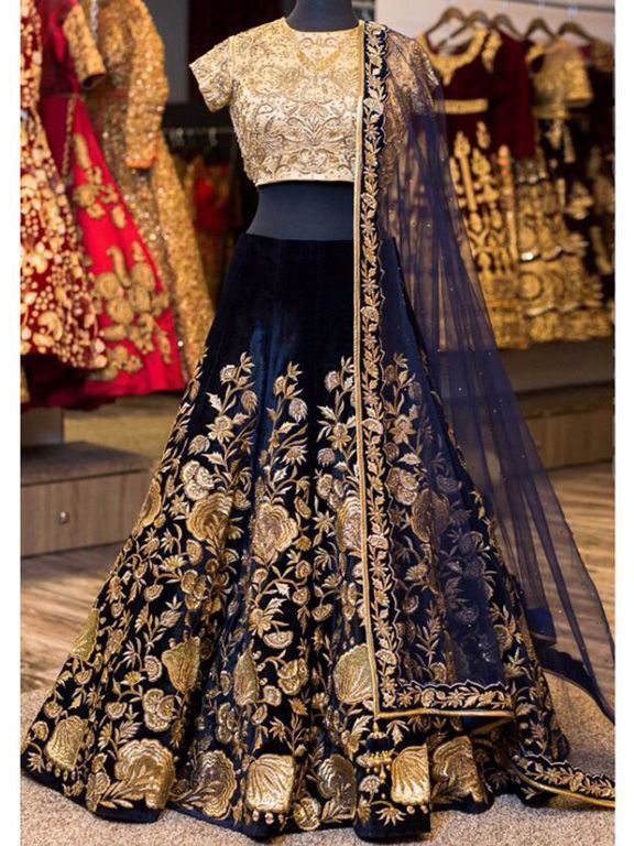 Navy Blue Sequins Embroidered Velvet Bridal Lehenga Choli (Default)