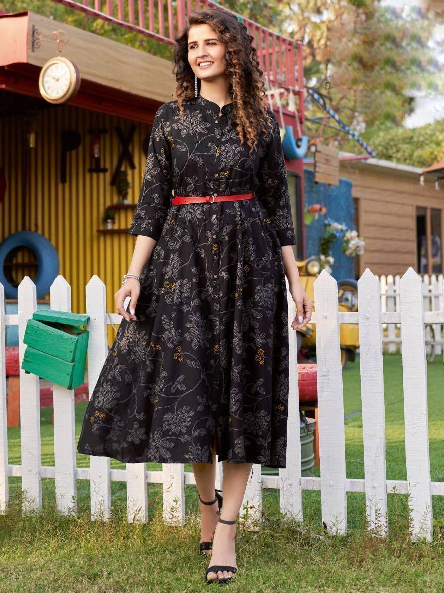 Classic Black Dotted Leaf Printed Rayon Readymade Kurti With Belt