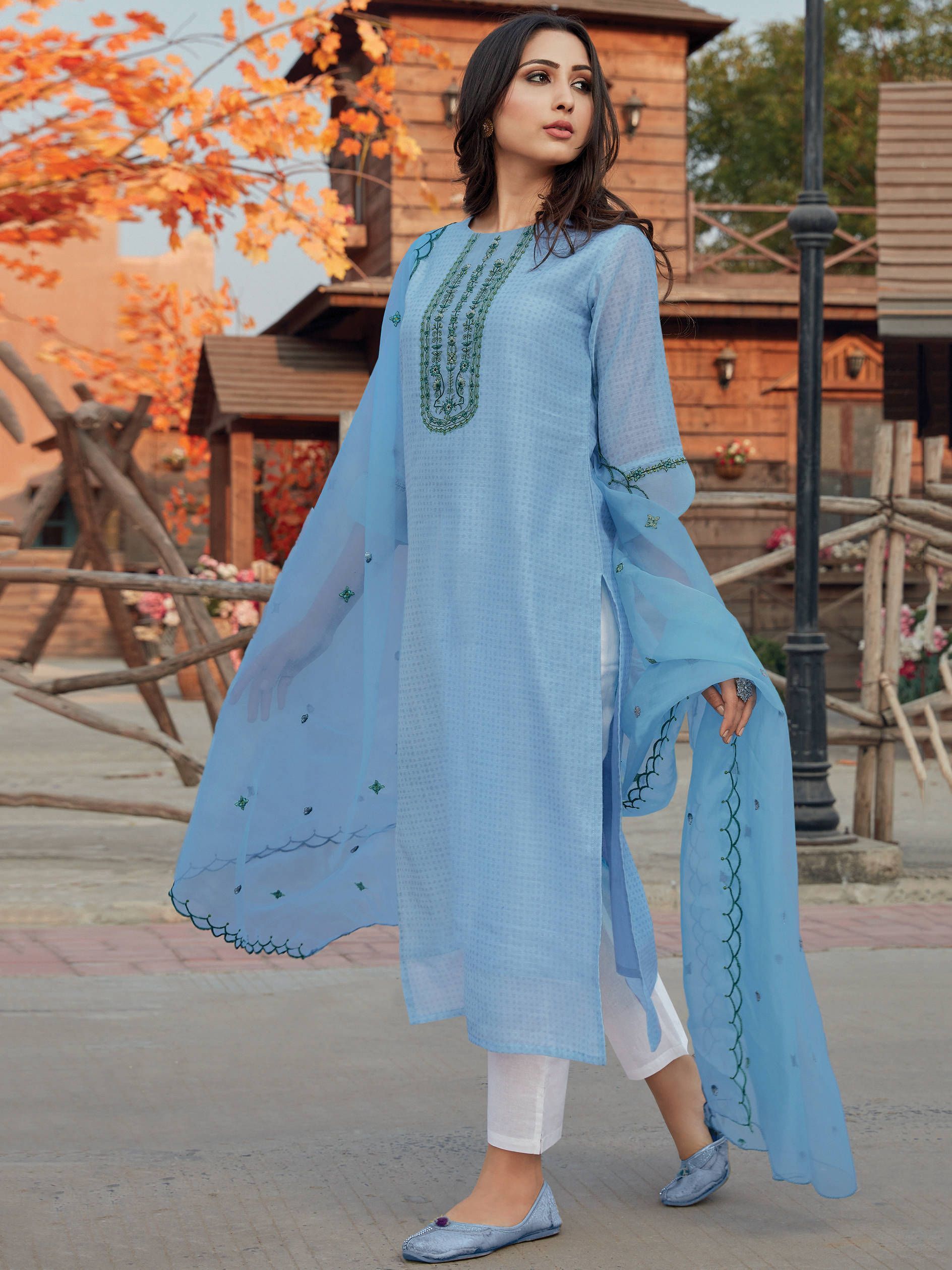 Readymade Blue Embroidered Chanderi Festive Pant Suit With Duppatta