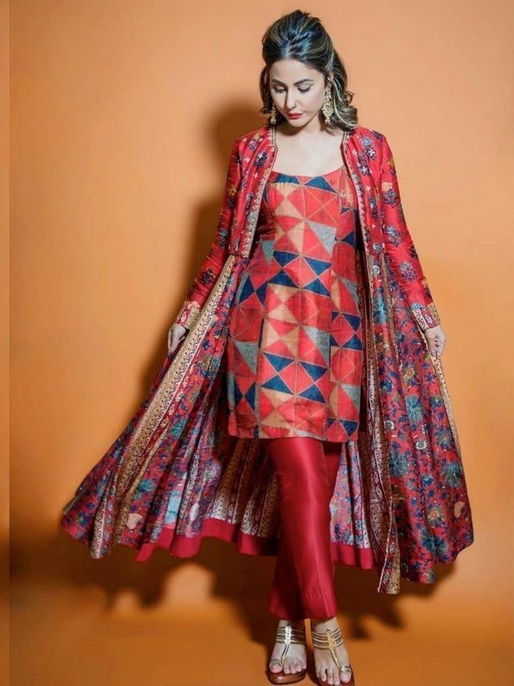 Hina Khan Maroon Printed Party Wear Readymade Kurti Palazzo With Jacket
