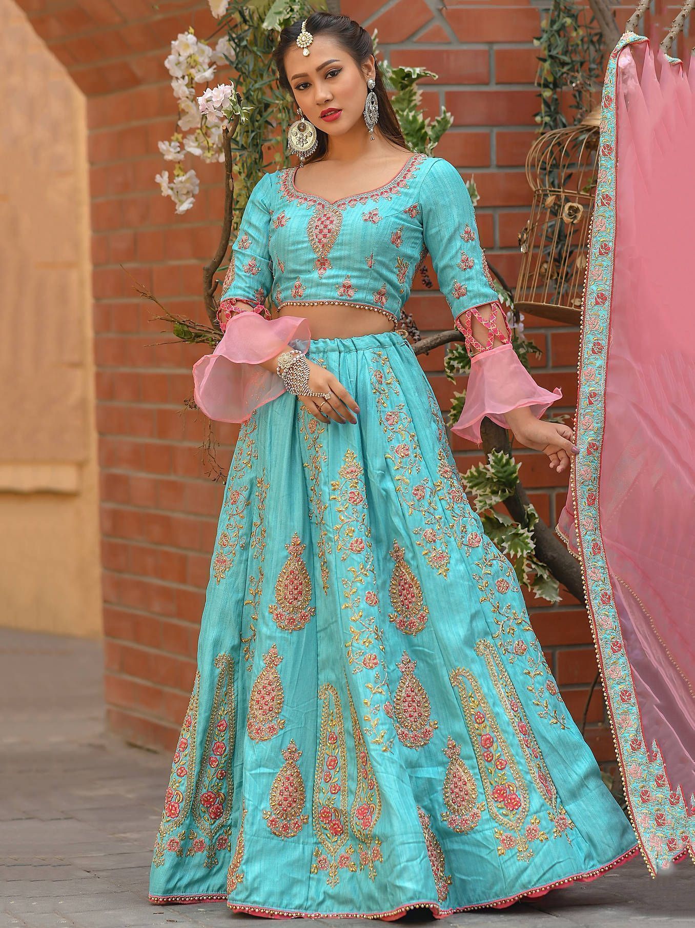 Sky Blue Embroidered Silk Wedding Wear Lehenga Choli With Dupatta