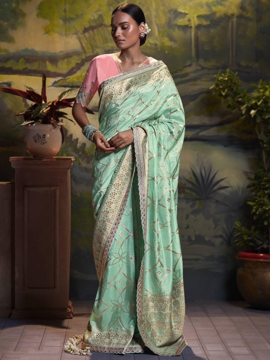 Pleasant Pale Green Foil Work Fancy Silk Festive Saree With Choli