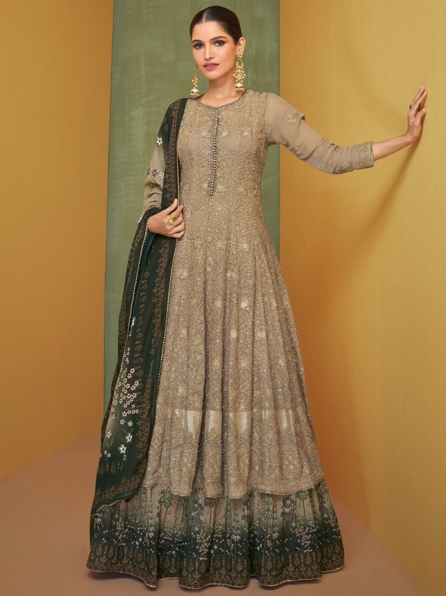 Astonishing Light Brown Embroidered Georgette Ready Made Gown