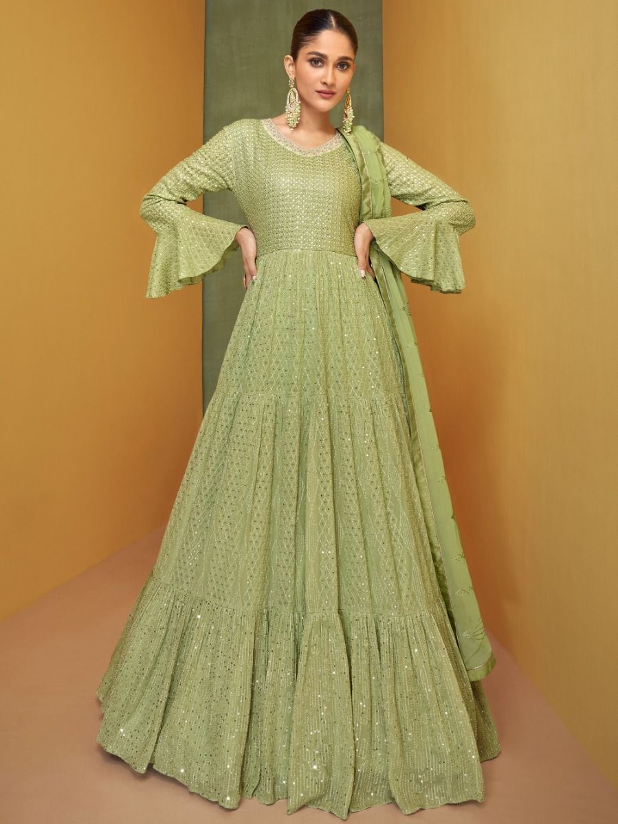 Desirable Pastel Green Embroidered Georgette Ready Made Gown