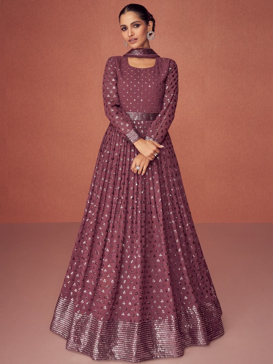 Phenomenal Light Maroon Embroidered Georgette Ready Made Gown
