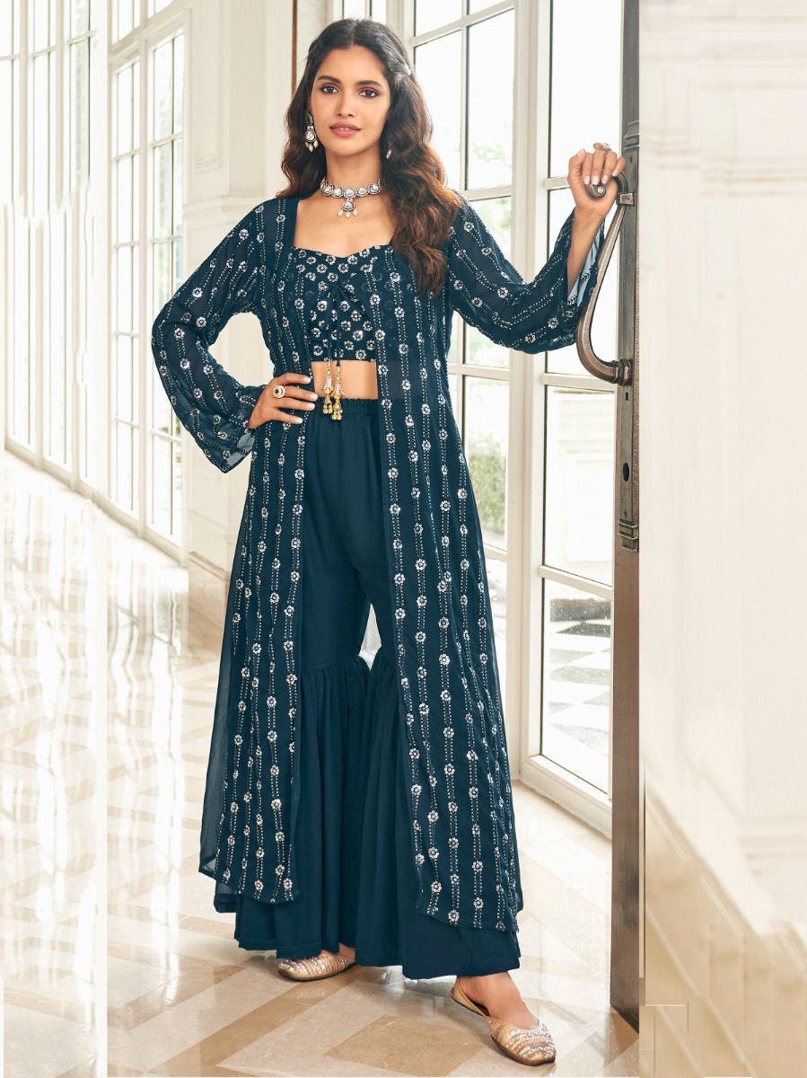 Gorgeous Navy Blue Sequins Embroidered Georgette Sharara Suit