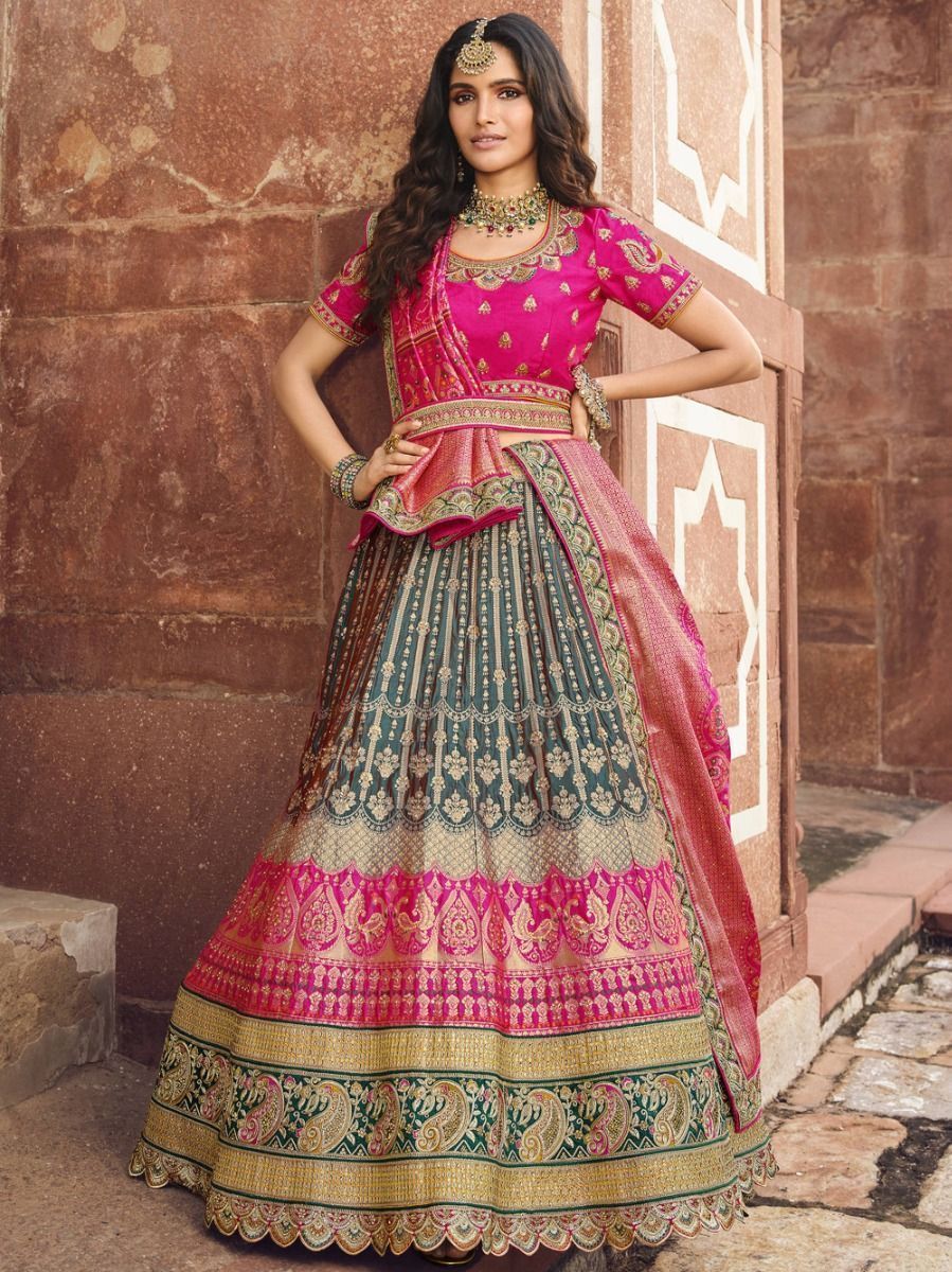 Grey And Pink Sequins Embroided Silk Bridal Lehenga Choli With Belt