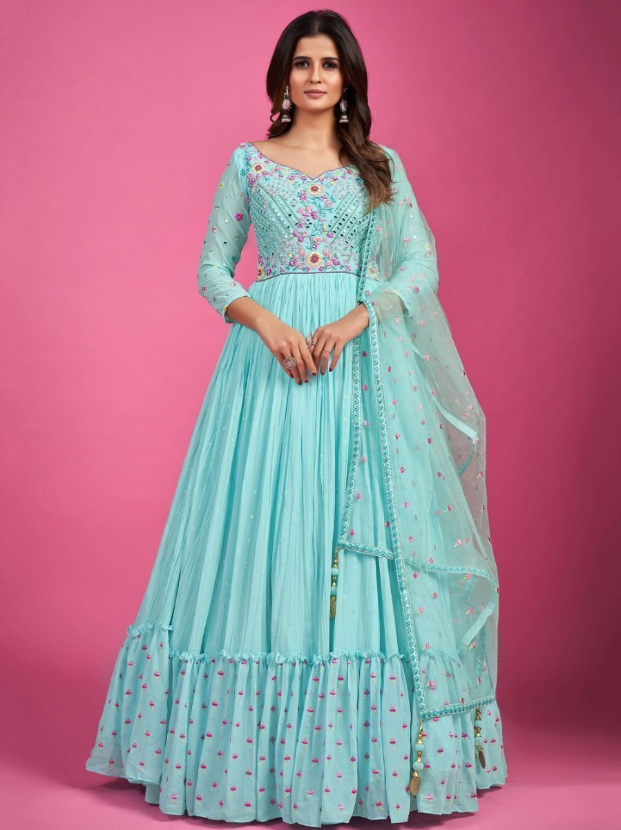 Generous wedding and party wear net gown in sky blue color - G3-WGO2224 |  G3fashion.com