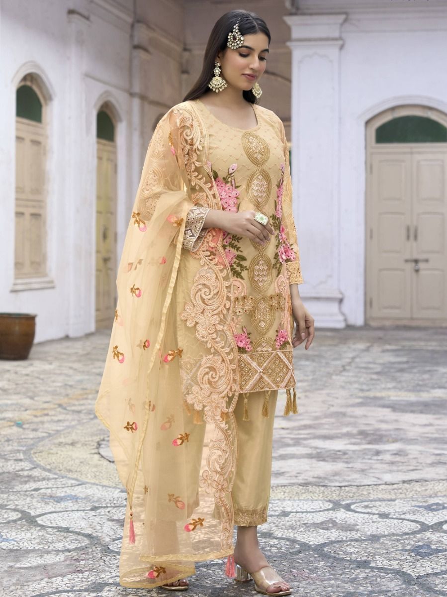 Splendid Yellow Thread Embroidered Net Salwar Suit