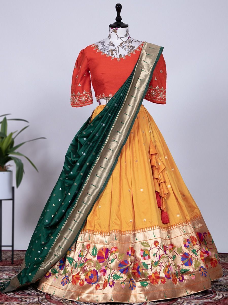 Captivating Yellow Zari Weaving Jacquard Silk Lehenga Choli