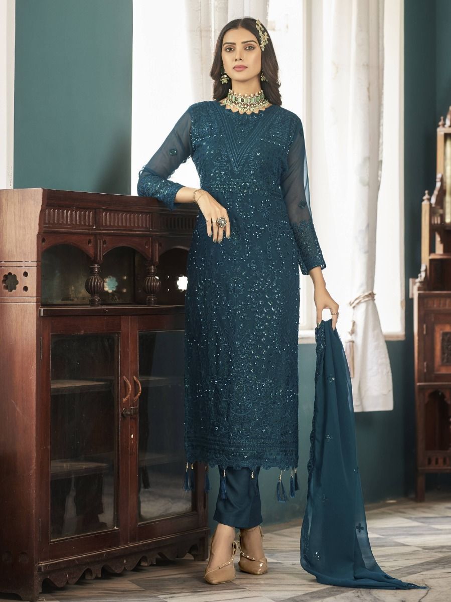 Alluring Teal Blue Sequined Georgette Festive Wear Salwar Kameez