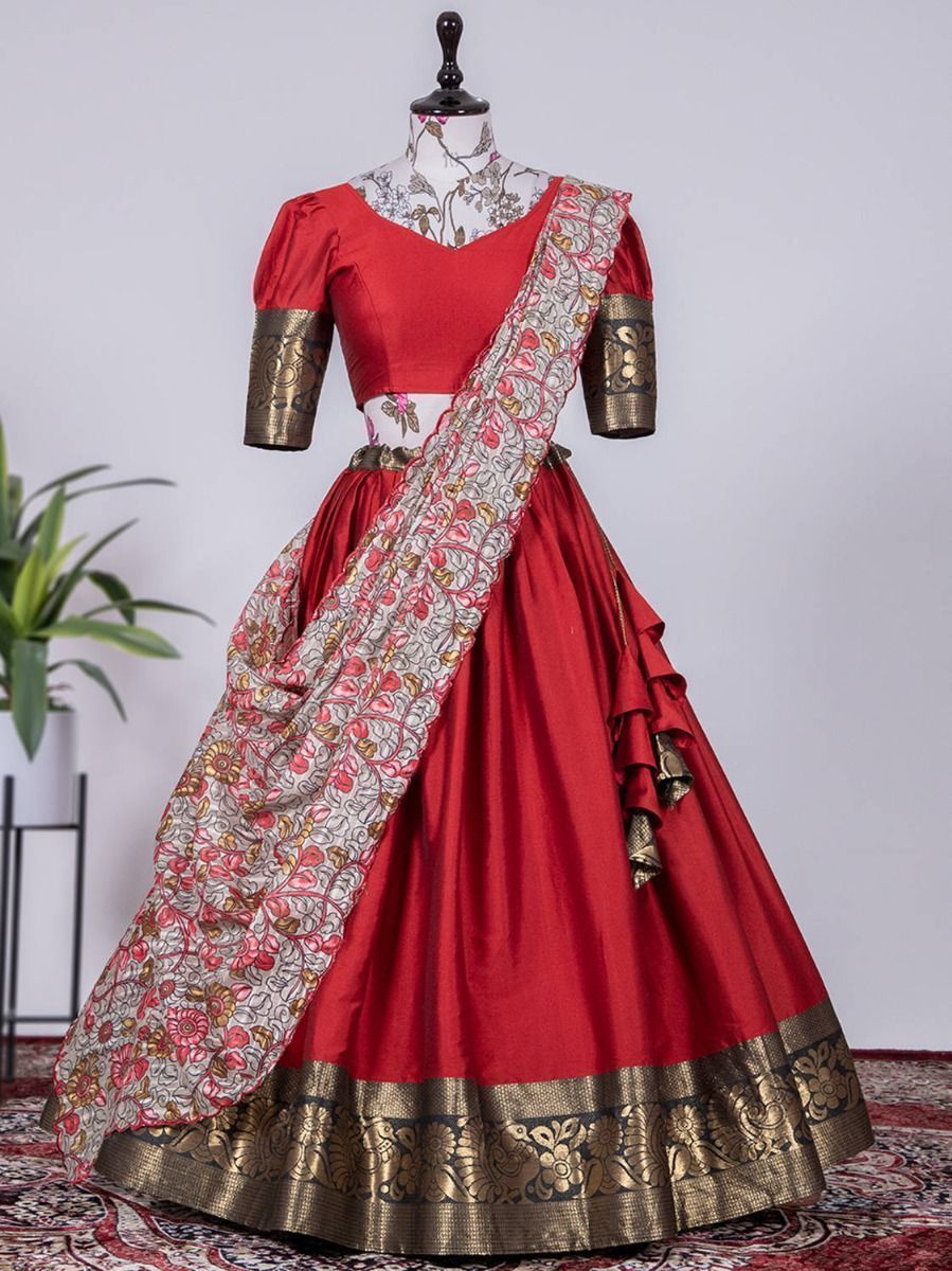   Pretty Red Silk Zari Weaving Onam Festival Traditional Wear Half Saree Lehenga