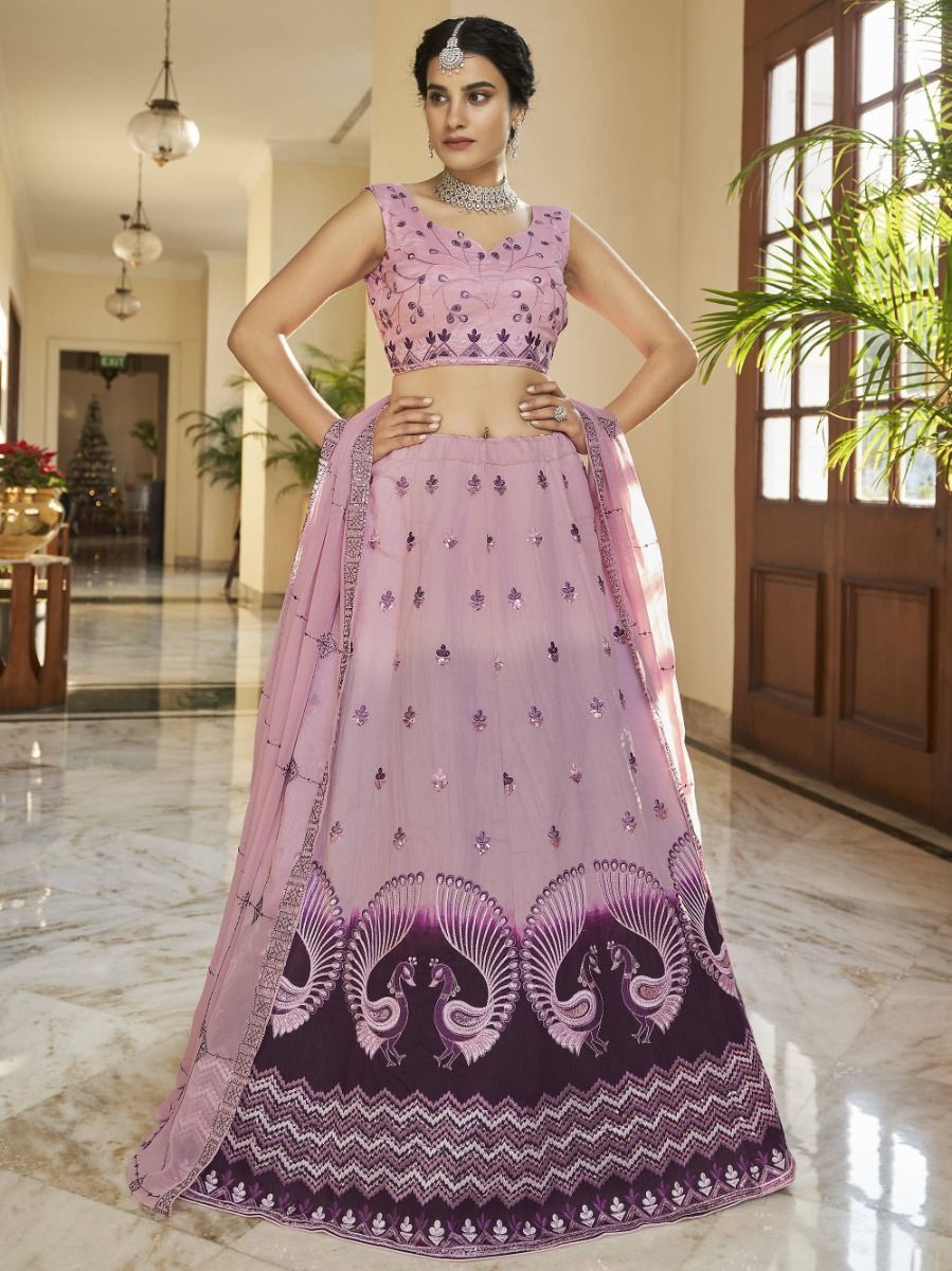 Alluring Pink-Purple Sequins Work Silk Lehenga Choli