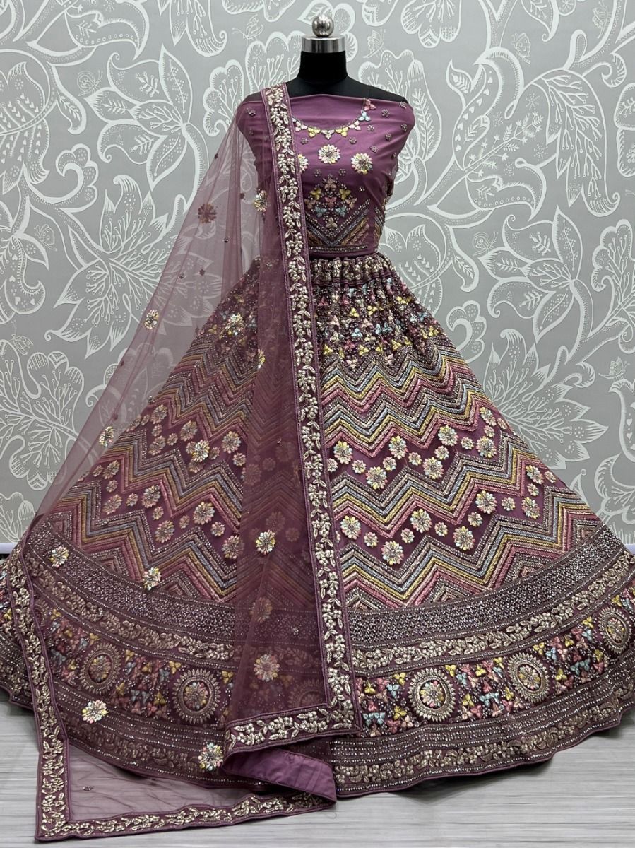Spectacular Purple Embroidered Net Lehenga Choli With Dupatta