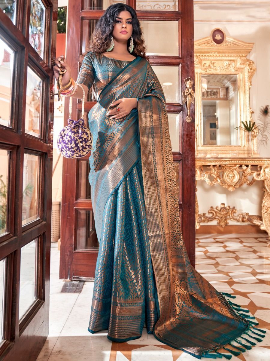Party Wear Blue Golden Weaving Kanjeevaram Silk Saree, With Blouse Piece,  5.5 m (separate blouse piece)