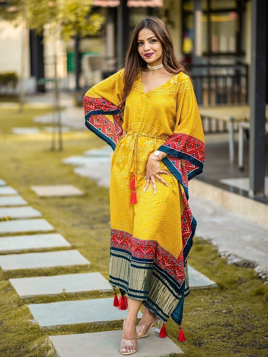 Desirable Yellow Bandhej Print Gaji Silk Festival Wear Readymade Kaftan 