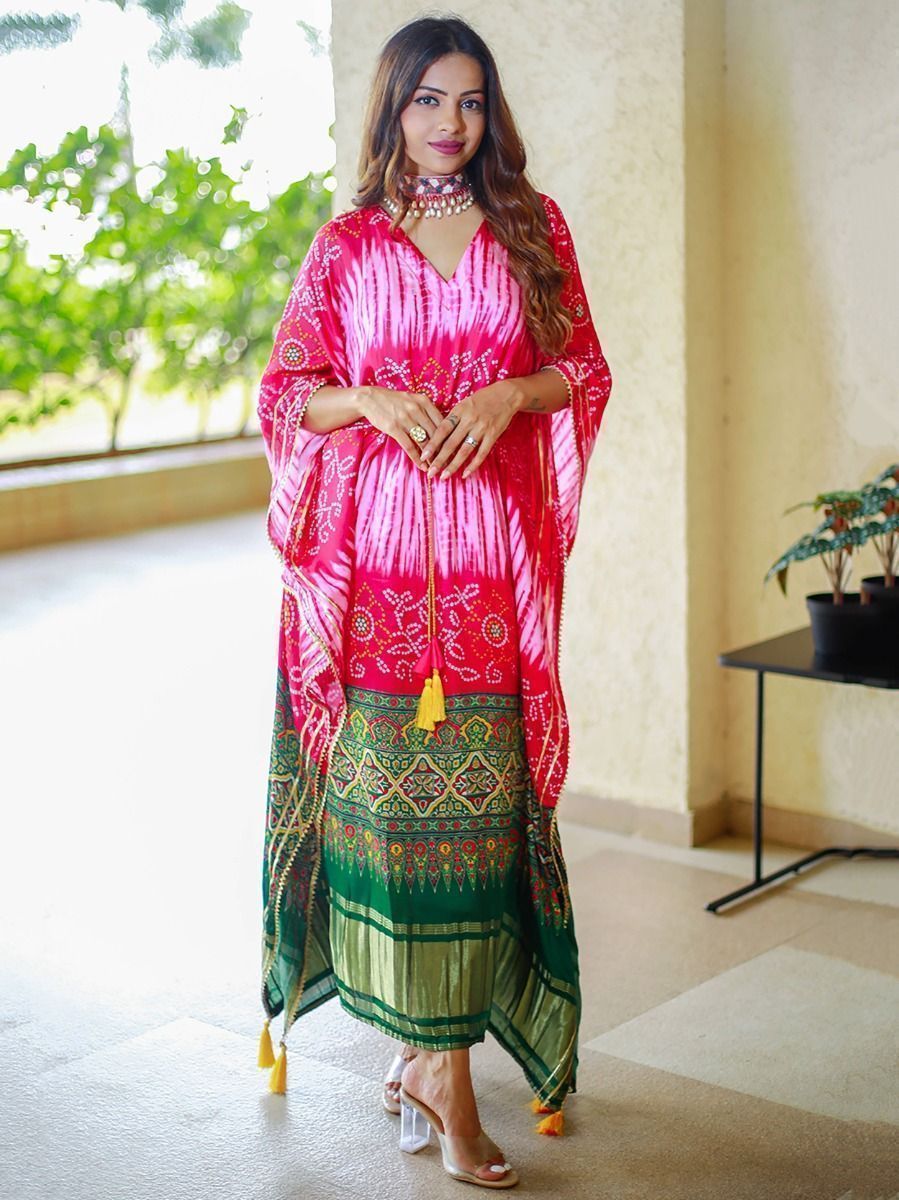 Splendid Pink Bandhej Print Gaji Silk Festival Wear Readymade Kaftan 