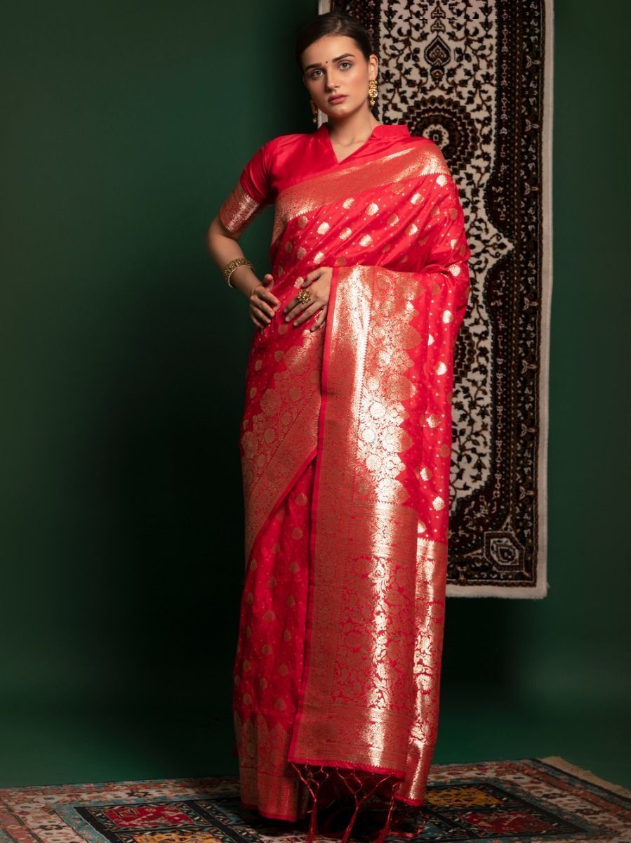 Captivating Red Zari Weaving Silk Wedding Wear saree With Blouse