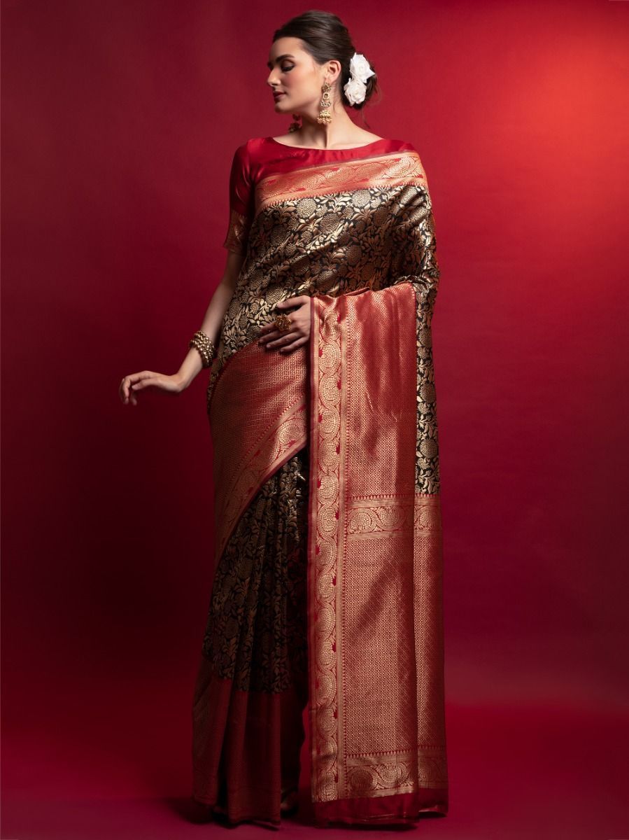 Marvelous Red And Black Heavy Zari Weaving Silk Wedding Wear Saree