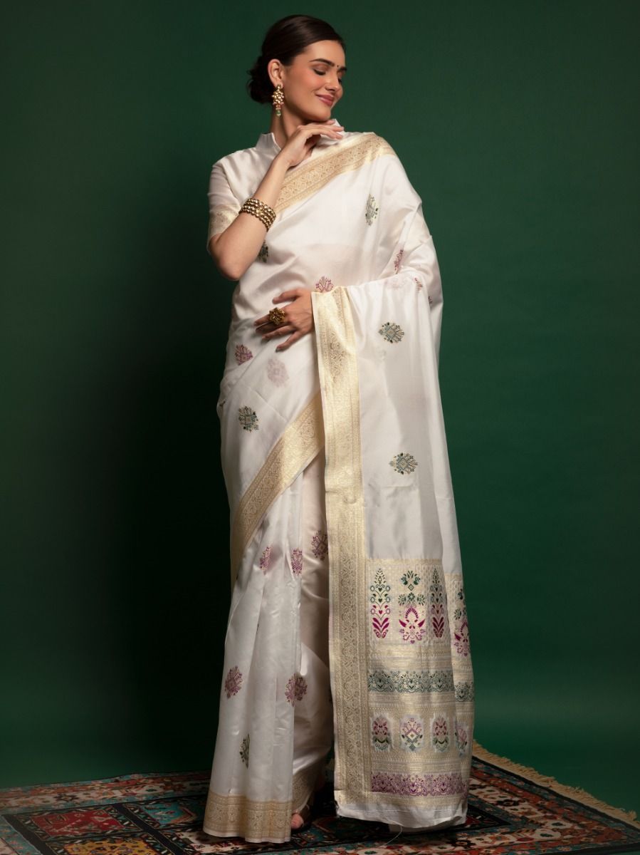 Prodigious White Zari Weaving occasional Wear Silk Saree With Blouse