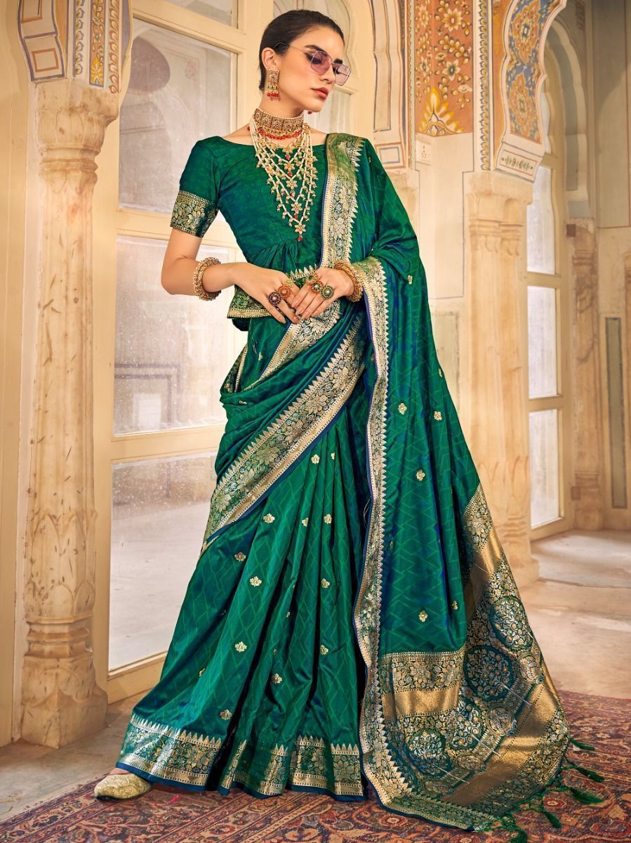 Sumptuous Green Zari Weaving Satin Festival Wear Saree With Blouse