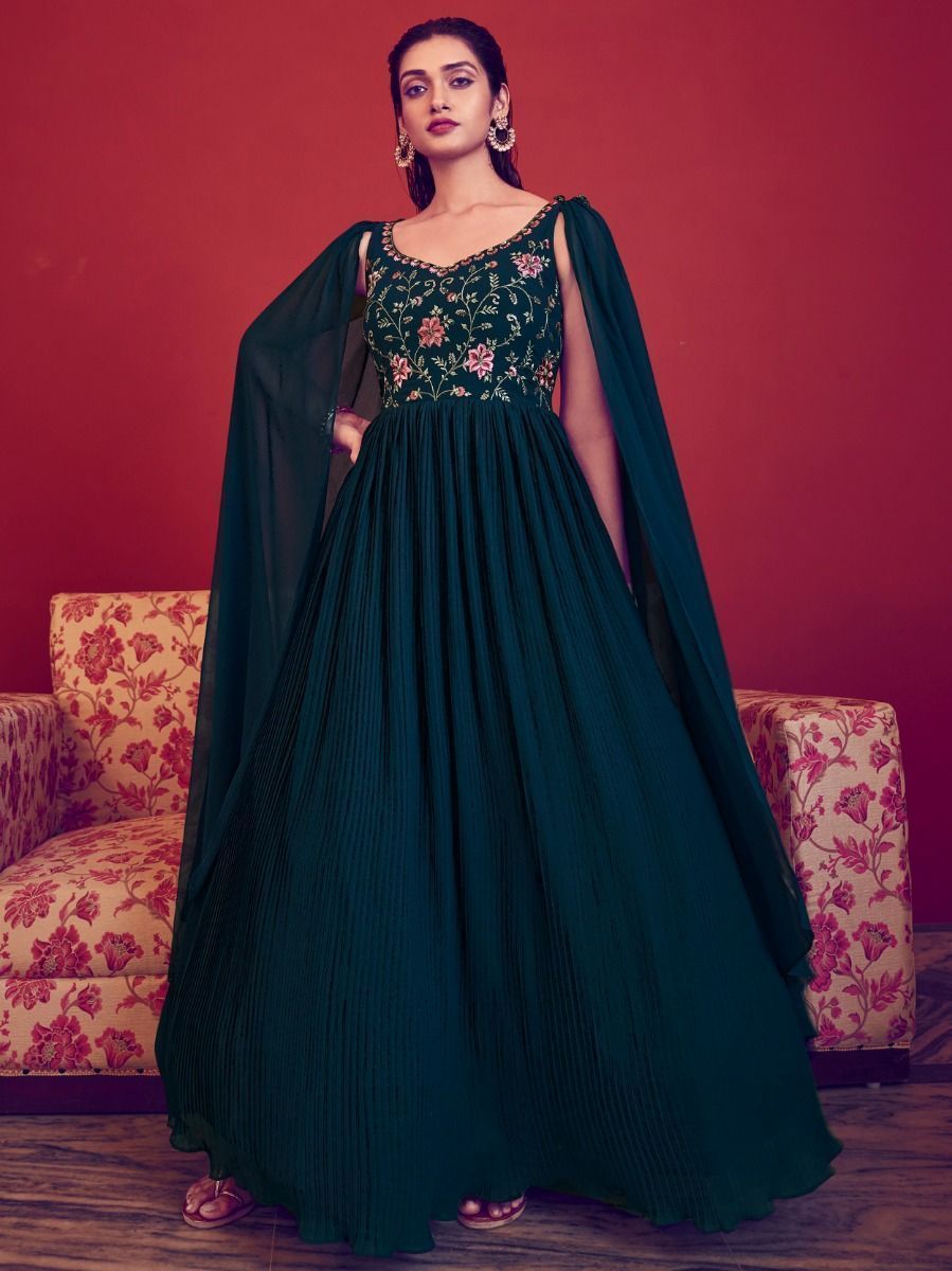 Attractive Teal Blue Thread Embroidery Georgette Ready-Made Gown