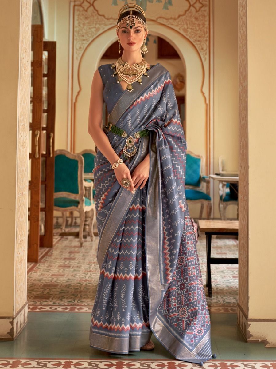 Marvelous Dusty Blue Digital Printed Patola Silk Function Wear Saree
