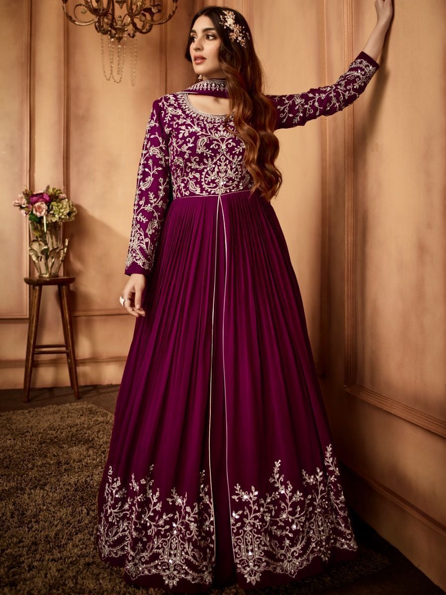 Superior Wine Thread Embroidered Georgette Ready Made Anarkali Suit