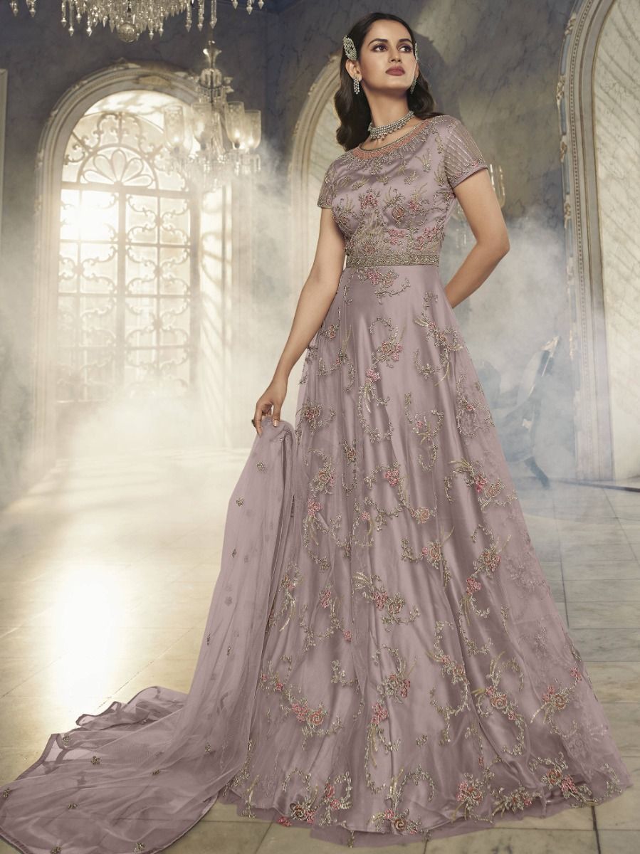 Peach Party Wear Heavy Embroidered Georgette Gown
