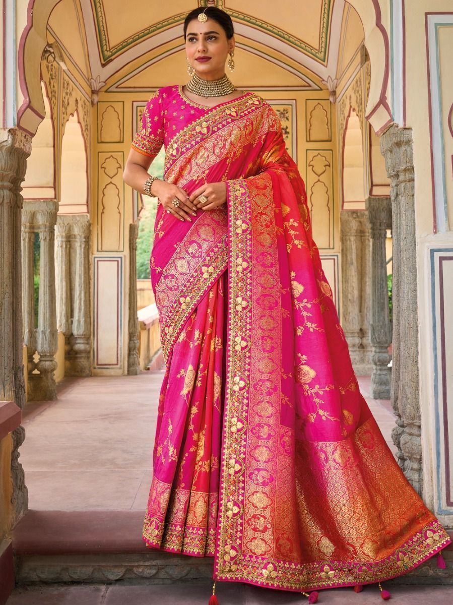 Adorable Pink Multi Work Pure Dola Silk Traditional Saree

