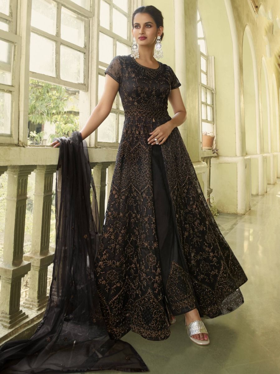 Ethnic Gowns | Black Gown With Dupatta And Pant | Freeup