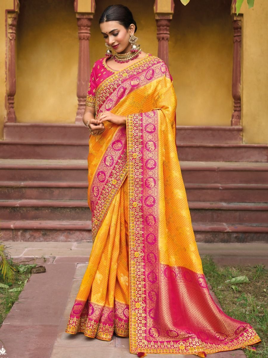 Captivating Yellow Gota Work Pure Dola Silk Traditional Saree
