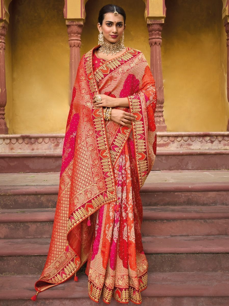 Multi Color Silk Weaved Banarasi Saree With Heavy Embroidered Red Color  Blouse