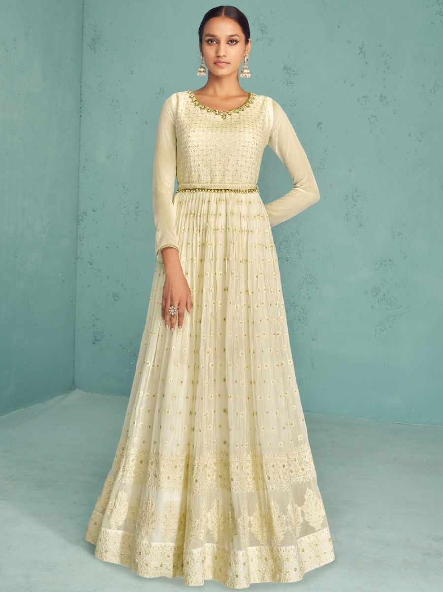 Adorable Off-White Thread Embroidered Georgette Ready-Made Gown