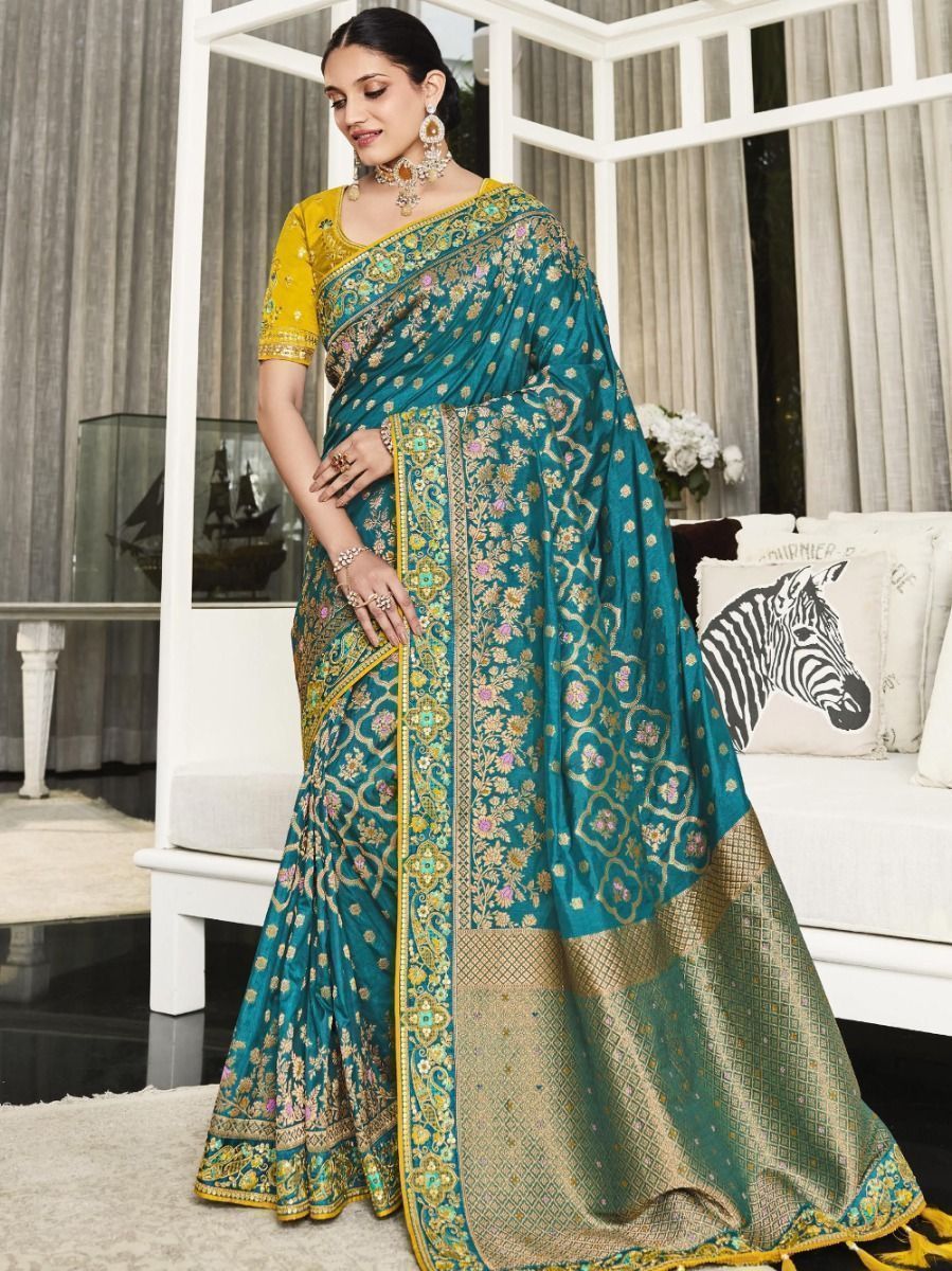 Outstanding Blue Woven Silk Reception Saree With Blouse