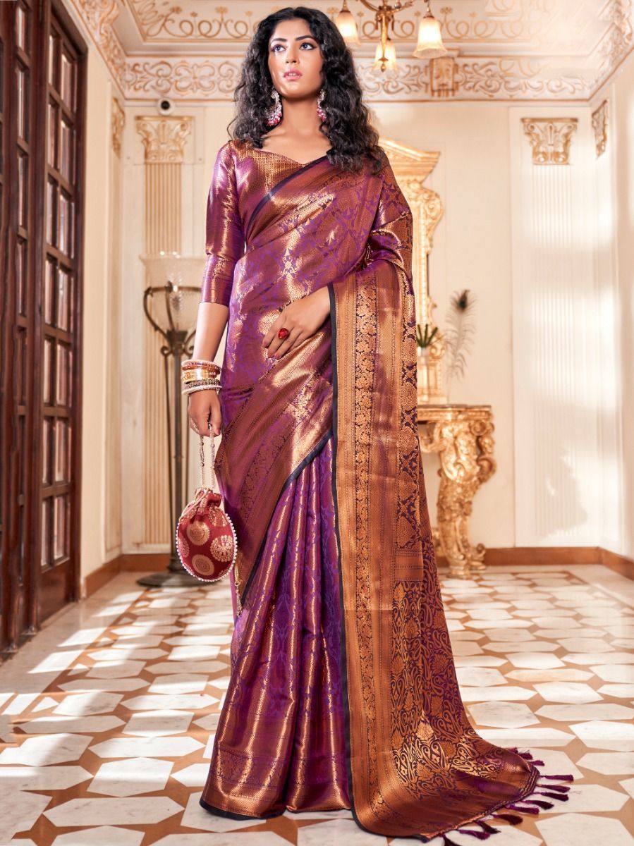 Ravishing Purple Golden Zari Weaving Kanjivaram Silk Saree