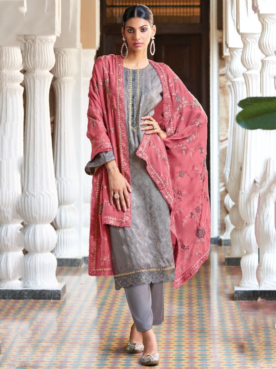 Endearing Grey Thread Embroidered Jacquard Salwar Suit With Dupatta