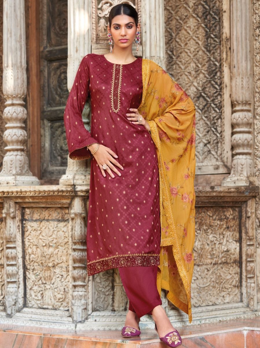 Delightful Maroon Thread Embroidered Jacquard Salwar Suit