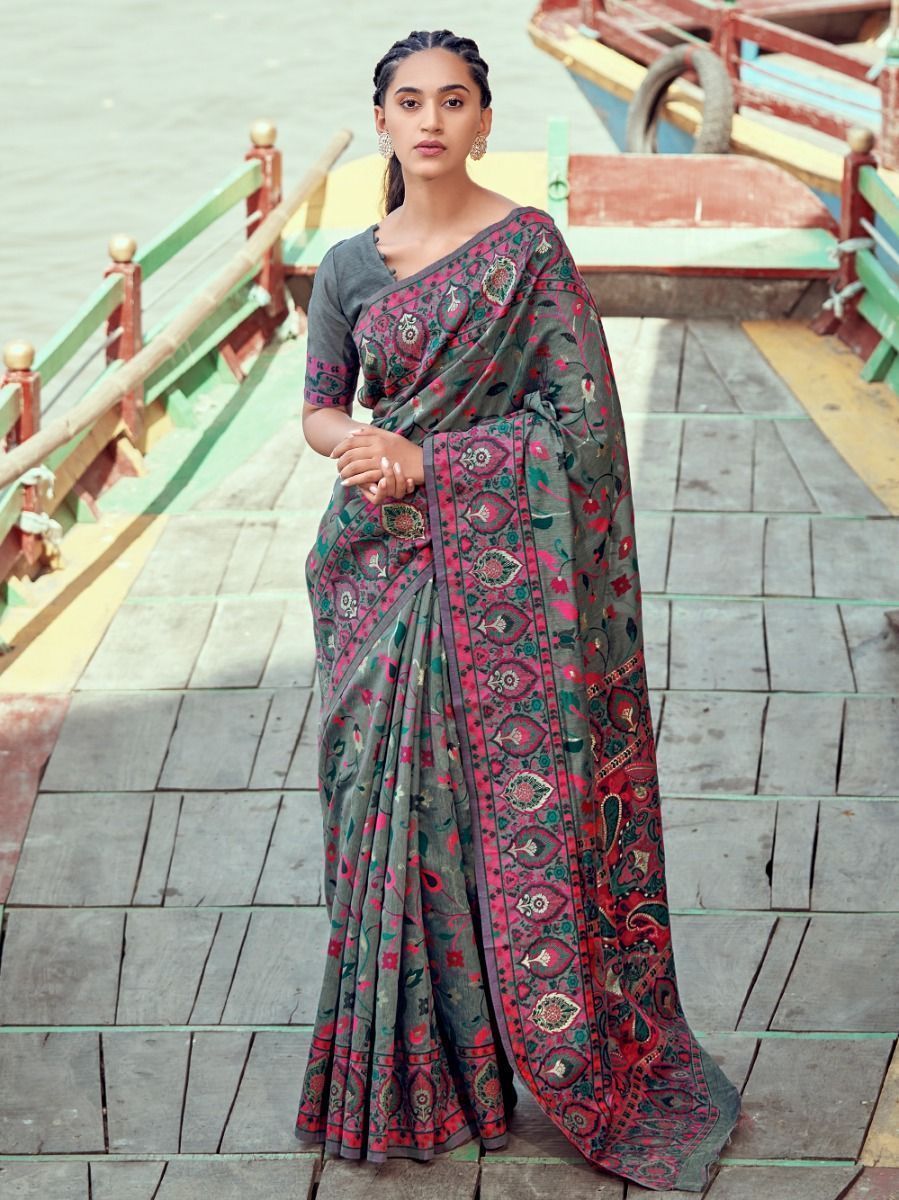 Gorgeous Grey Pashmina Minakari Weaving Saree