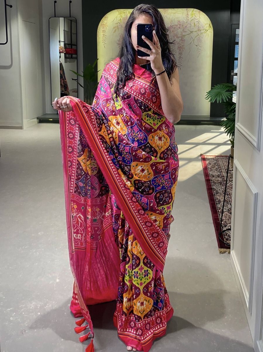 Wonderful Multi-colored Patola Print Gajji Silk Marriage Wear Saree