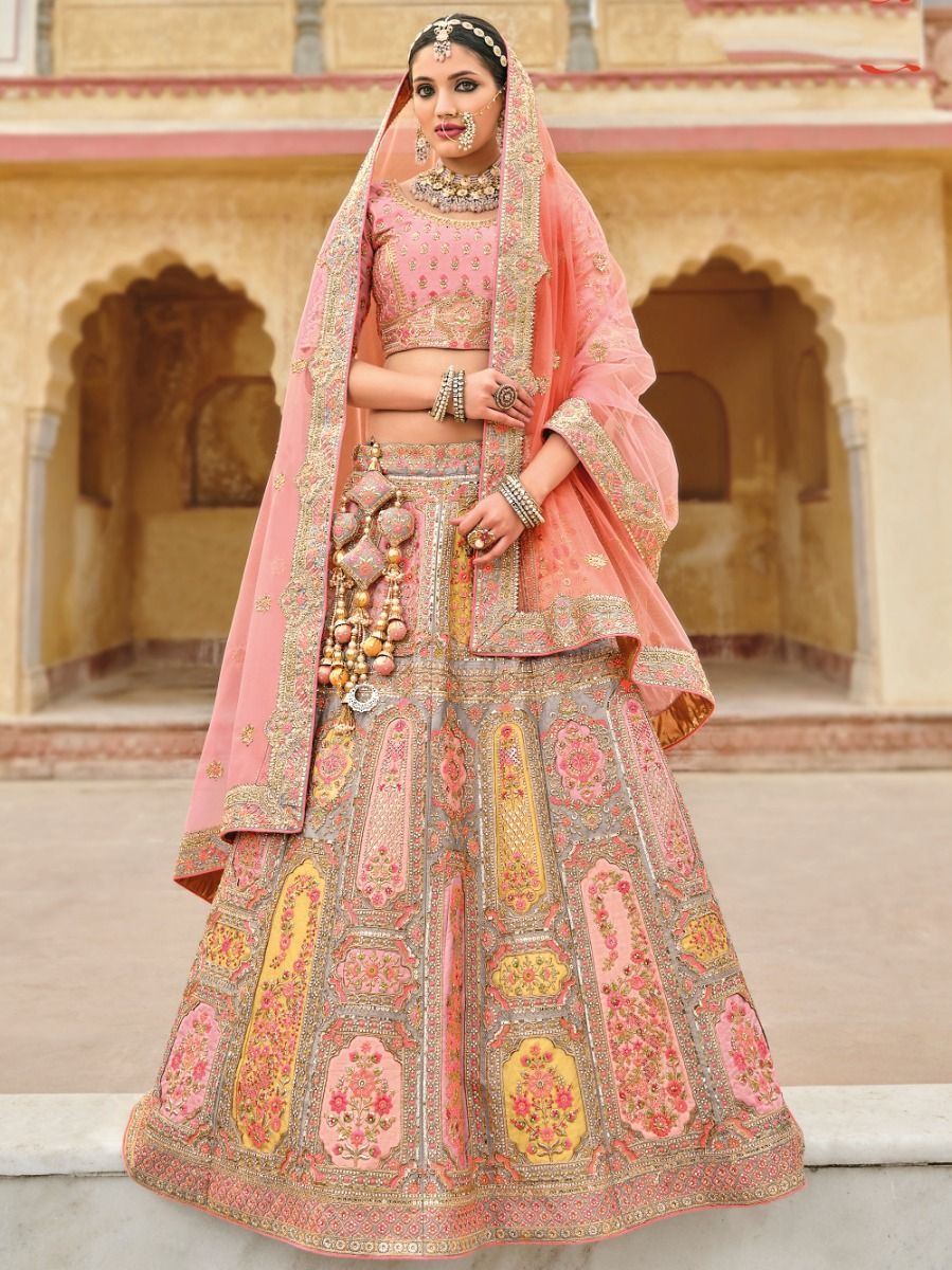 Gorgeous Peach Heavy Embroidered Banarasi Silk Lehenga Choli