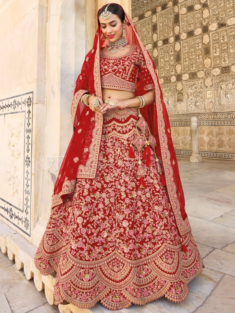 Lavish Red Floral Embroidery Banarasi Silk Bridal Lehenga Choil